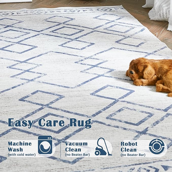jinchan Moroccan Runner Rug 2x6 - Kitchen Machine Washable Runner Rug Modern Geometric Soft Low-Pile Lightweight Non-Slip Carpet for Entryway Hallway Laundry Room Bedroom Farmhouse (2x6ft, Blue)