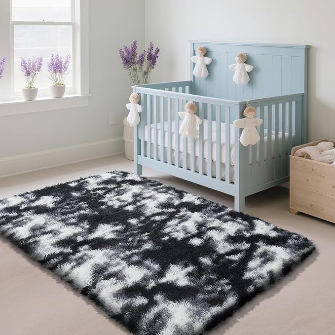 Fluffy Rug Shaggy Area Rug, Mottling Black 2x4 Area Rugs for Bedroom, Small Bedside Rug, Soft Fluffy Shaggy Entryway Throw Rugs for Living Room Bedroom Kids Room Home Decor