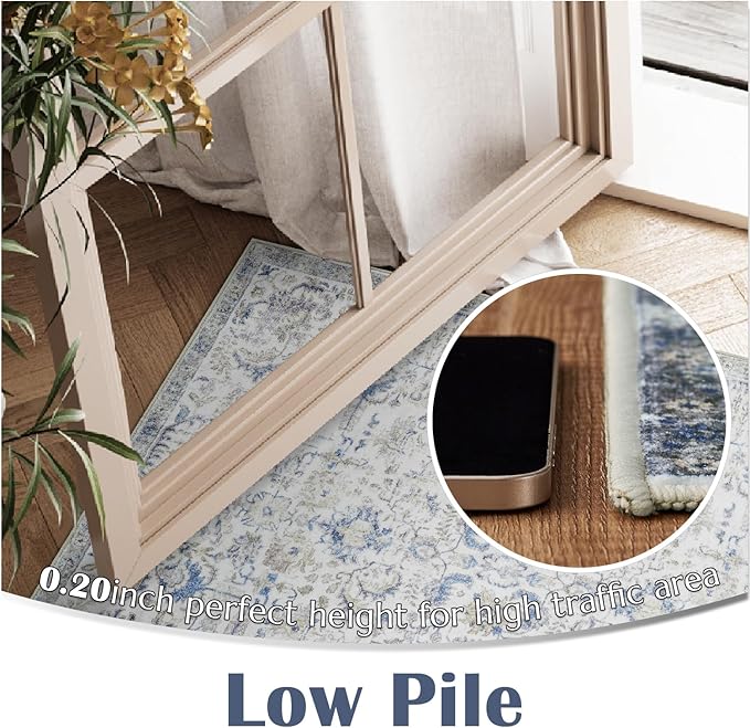 jinchan Kalen Runner Rug 3x8 Washable Area Rug Soft Vintage Indoor Floor Cover Thin Retro Distressed Blue Multi Carpet Floral Print Country Non Slip for Bathroom Kitchen Bedroom Living Room