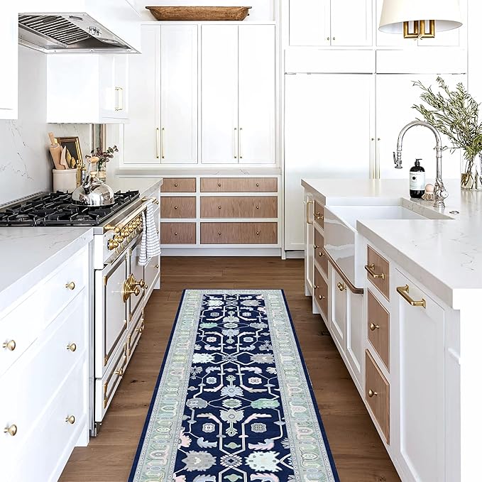 Fame Living Navy Blue Oushak Rug, Modern Rugs, Vintage, Turkish, Eclectic, Floral, Pastel, Washable, Small Throw, Accent Area Rug for Living Room, Bedroom, Kitchen, Bathroom, 2'5"x4'9