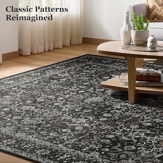 Charcoal Black Area Rug 6x9, Vintage Earth Tone Dark Rugs for Living Room Bedroom, Washable Non Slip Low Pile Thin Carpet Rug for Dining Room Guest Room Home Office