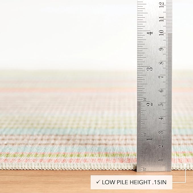 Dash and Albert Ana Ticking Machine Washable Area Rug - 6' x 9' Aqua Stripe Washable Accent Rug - Durable, High Traffic Area Kitchen, Hallway, Bedroom