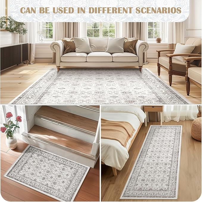 jinchan Hallway Runner Rug 3x8 - Machine Washable Beige Vintage Floral Distressed Design Soft Non-Slip Low-Pile Ultra-Thin Runner Rug for Kitchen Laundry Room Bedroom Farmhouse (3‘x8', Beige)
