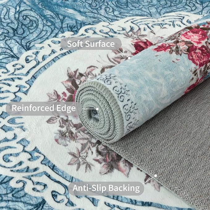 Easy-Going Floral Area Rug 2x3 Washable Entryway Rugs Front Door Mat Indoor Entrance Non-Slip Retro Flowers Small Entry Rug for Living Room Bedroom Kitchen Bathroom Office Lightweight Carpet, Teal Red