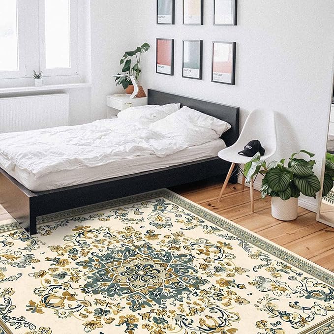 Bohemian Rectangular Area Rugs for Living Room Bedroom 5 x 6.9 ft Vintage Farmhouse Floral Pattern Non-Shedding Soft Low Pile Rug Non Slip Washable Rug for Nursery Entryway Playroom