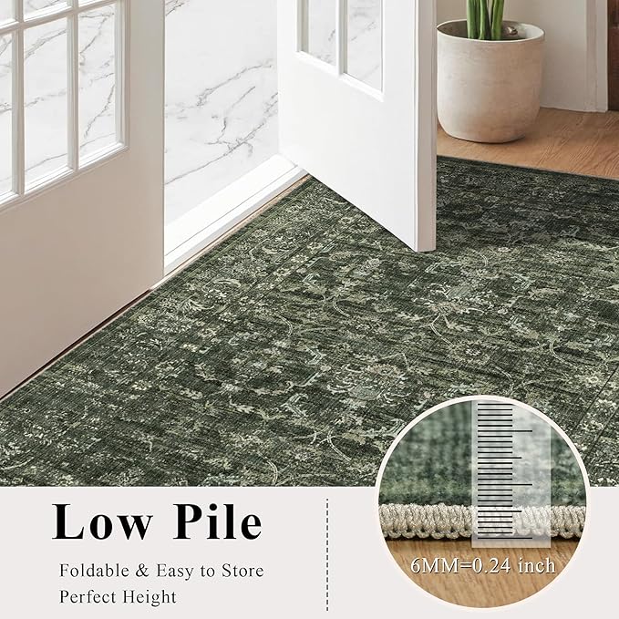10x14 Washable Area Rugs for Living Room, Green Vintage Boho Large Rug for Bedroom Dining Room Office, Distressed Floral Floor Carpet Soft Non Slip Low Pile Farmhouse Indoor Mat