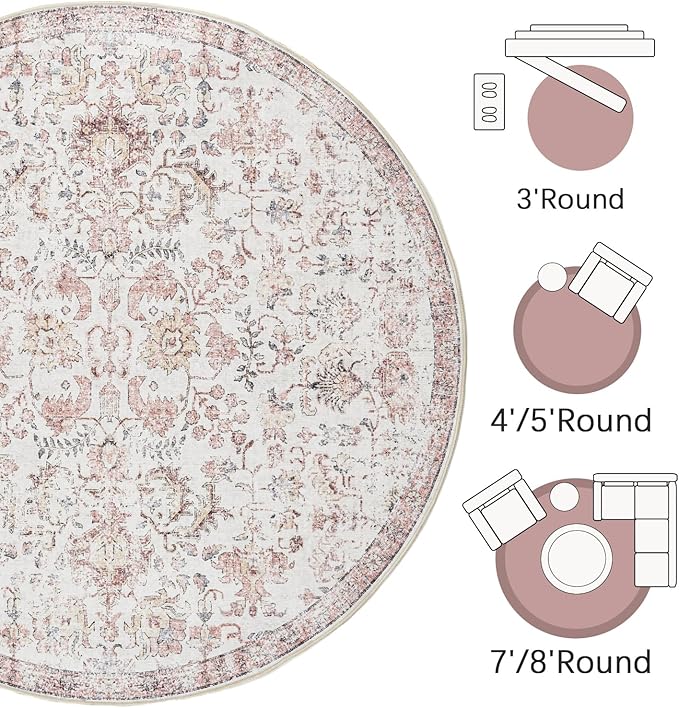 jinchan Kalen Round Rug 7ft Area Rug Washable Vintage Indoor Retro Accent Floor Cover Distressed Floral 7' Round Circle Boho Non Slip Thin Carpet for Living Room Dining Room Bedroom Kitchen Red