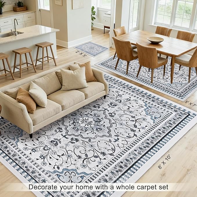 Luxury 8' x 10' Green Washable Area Rugs, Boho Low Pile Easy Clean Non-Slip Rug, Floral Medallion Pattern Vintage Rugs for Living Room, Dinning Room, Office, Bedroom, Bathroom, Laundry Room, Farmhouse