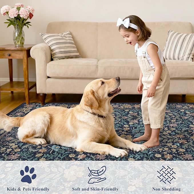 DUKINO 2x6 Runner Rug for Hallway, Washable Vintage Floral Kitchen Rug with Non Slip Backing, Soft Low Pile Throw Carpet Runner for Kitchen, Laundry, Hallway, Bathroom, Dark Blue