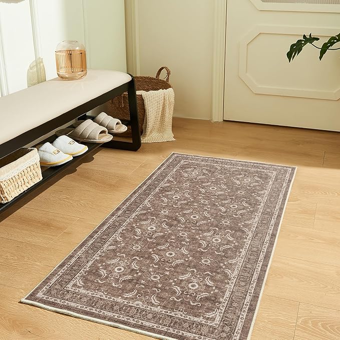 WITSHOCK Washable 2x4 Entryway Area Rug, Soft Non-Slip Rugs Vintage Flower Accent Small Rugs for Bedroom, Kitchen, Living Room, Nursery Entrance, Dark Brown