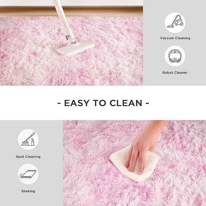 Andency 6x9 Area Rugs, Large Shag Fluffy Soft Shaggy Rugs for Living Room Bedroom, Non-Slip Tie-Dyed White Pink Thick Plush Carpet for Kids Girls and Boys, Dorm Nursery Home Decor Aesthetic