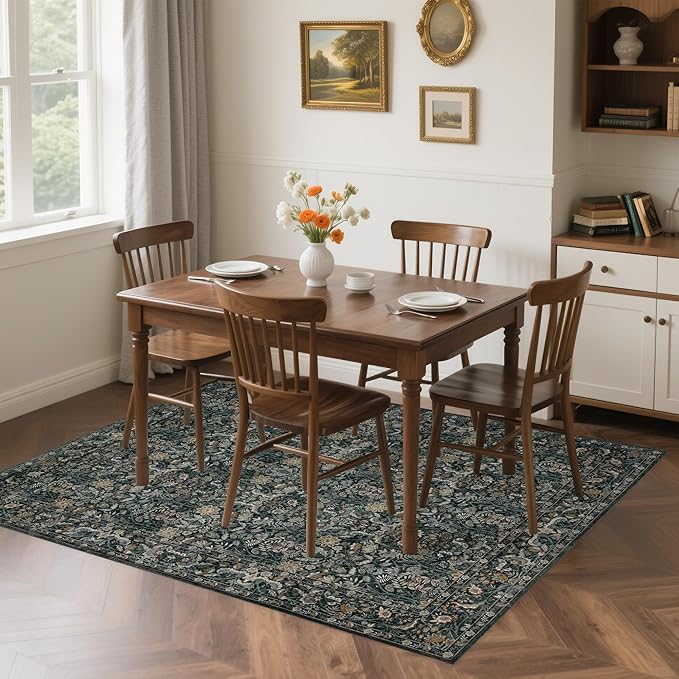 Washable Living Room Rug: 6x9 Boho Floral Soft Area Rug for Bedroom Decor - Vintage Low Pile Thin Carpet for Dining Room Non-Slip - Farmhouse Stain Resistant Rugs - Dark Green