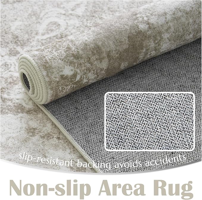 jinchan Washable Area Rug 3x5 Entryway - Soft Distressed Vintage Floral Indoor Bedroom Rug Faux Wool Low Pile Small Oriental Accent Carpet for Kitchen, Entrance, Bedside, Dining Room(Brown, 3'x5')