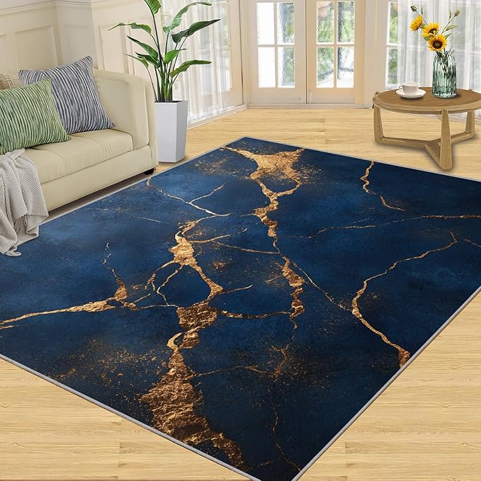4x6 Abstract Marble Cafe Rug - Dark-Blue-Marble Rugs for Bedroom Aesthetic, Luxury Stone Pattern Soft Comfortable Non-Slip for Offie Bedroom Study Boy Girl Room Hotel Dorm