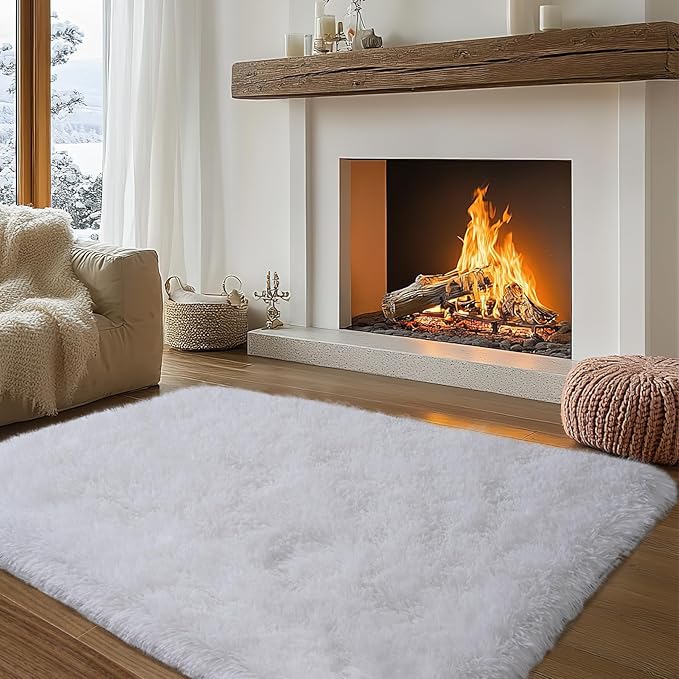 Zentavio Area Rugs for Living Room Small Carpet for Bedroom 3x5 Bedside Washable Soft Fluffy Shag Aesthetic Plush High Pile Throw Rug for Nursery Kids Room Dorm Room White