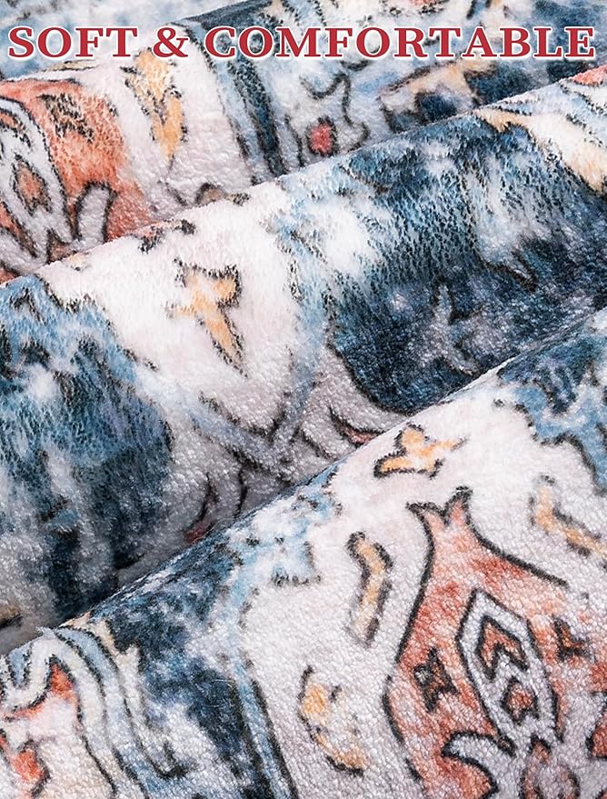 SERISSA Boho Washable Runner Rug, 2x5 Rug Non-Slip Vintage Blue Orange Hallway Kitchen Runner Rug Ultra Soft Print Distressed Tribal Floor Carpet for Bedroom Bathroom Laundry Room