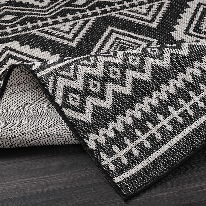 Beverly Rug Waikiki Boho Indoor Outdoor Rug 8x10, Washable Outside Carpet for Patio, Deck, Porch, Bohemian Area Rug, Farmhouse Rugs, Aztec Tribal Rug, Black and White