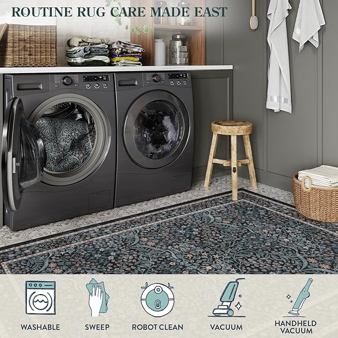 Lahome Floral Area Rugs 5x7, Soft Washable Rugs for Living Room Bedroom, Boho Non Slip Low Pile Forest Design Large Throw Carpet for Farmhouse Dining Room Office, Black