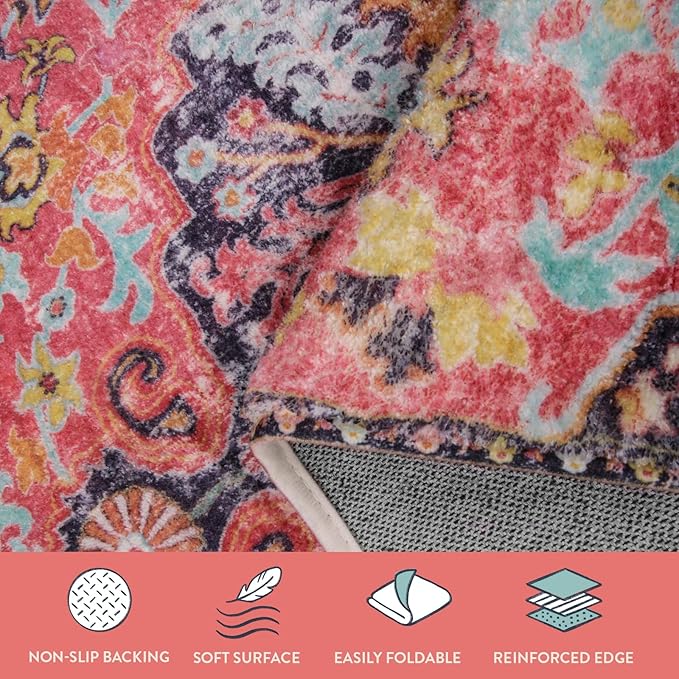 Lahome Bohemian Floral Medallion Area Rug - 3x5 Hot Pink Rug for Girls Room Front Entry Mat, Non-Slip Machine Washable Soft Throw Carpet for Bathroom Apartment Entrance Laundry, Fuchsia/Multi