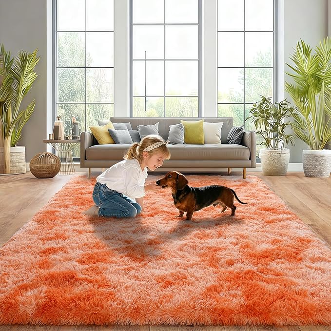 Upgrade Non-Slip Plush Rugs for Living Room, Soft Shaggy Carpets for Living Room, Fuzzy Rugs for Kids' Room, Perfect Decor for Modern Home Tie Dye Orange 8x10Feet