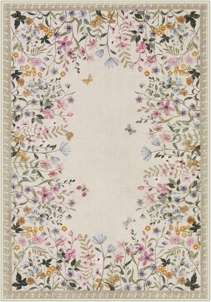 Wonnitar Washable 5x7 Rug for Living Room, Floral Print Large Bedroom Area Rug, Non-Slip Dining Table Throw Mat, Botanical Area Rug Carpet for Entry Basement Dorm (Beige,5'x7')