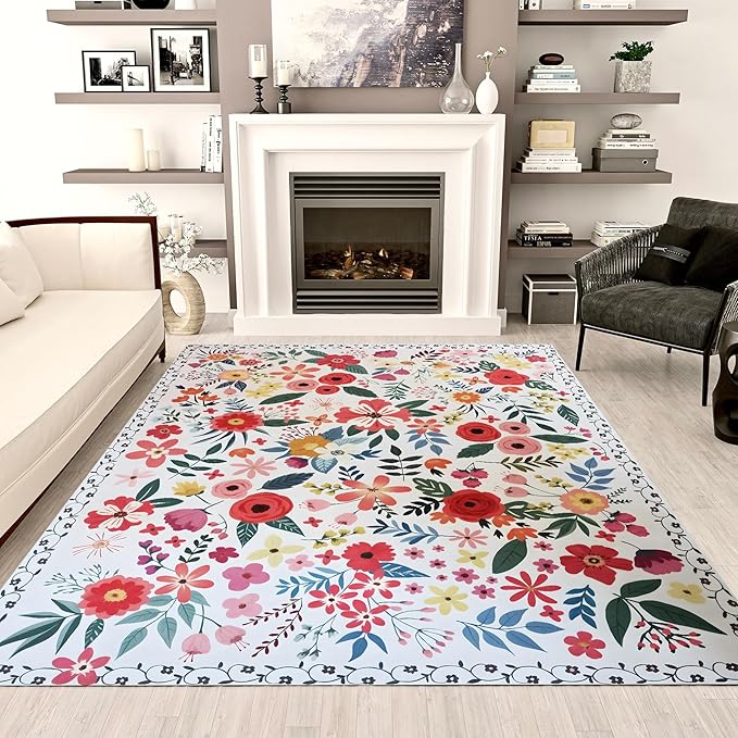 Floral Rug 4x6 Vintage Print Rug Washable Low Pile Living Room Non Slip Carpet for Bedroom, Farmhouse, Dining Room