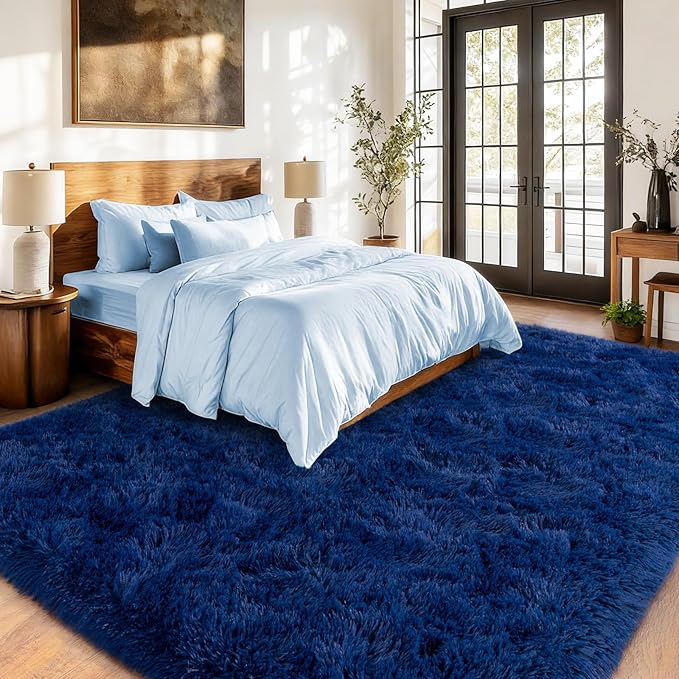 Shag Area Rugs for Living Room, Soft Fuzzy Plush Rugs, Upgrade Anti-Skid Modern Furry Rugs Fluffy Carpets for Kids Room Nursery Home Decor Dark Blue, 6X9 Feet