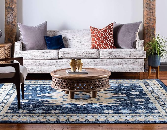 Unique Loom Taftan Collection Border Geometric Tribal Inspired Design Area Rug (8' 0 x 8' 0 Square, Navy Blue/ Gold)