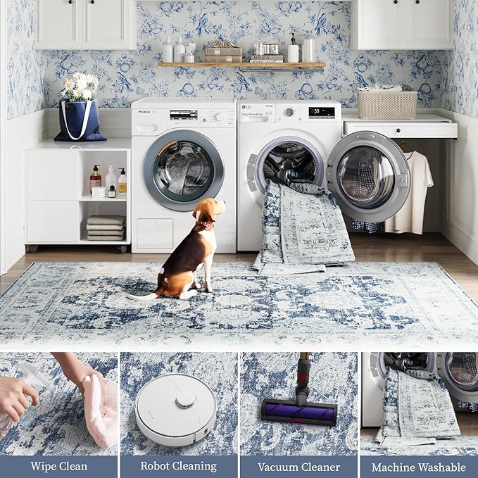 jinchan Fiora Floral 2x3 Rug for Entryway - Vintage Washable Area Rug Ultra-Thin Low Pile Soft Small Non Slip Distressed Indoor Door mat Accent for Entrance Kitchen Bathroom Bedroom (2x3ft, Dark Blue)