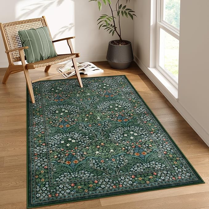Lahome Floral Washable Rug, Soft 3x5 Rugs for Bedroom Entryway Dorm, Ultra-Thin Non Slip Boho Green Rug for Living Room Stain Resistan Throw Carpet for Nursery Entrance, Dark Green
