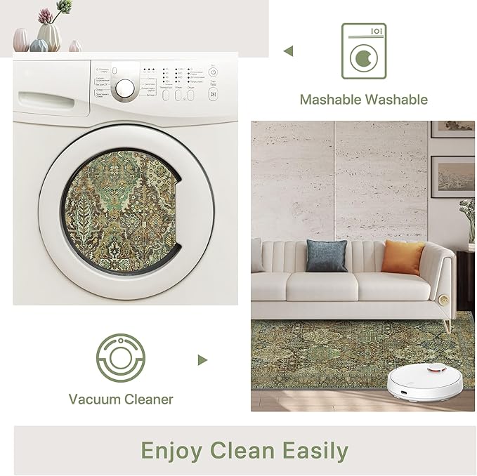 Bavni Area Rug 3X5, Aesthetic Rugs for Living Room, Non Shedding Non Slip Machine Washable Carpet for Office Dorm, Floral Vintage Chenille Rugs for Bedroom, Sage Green