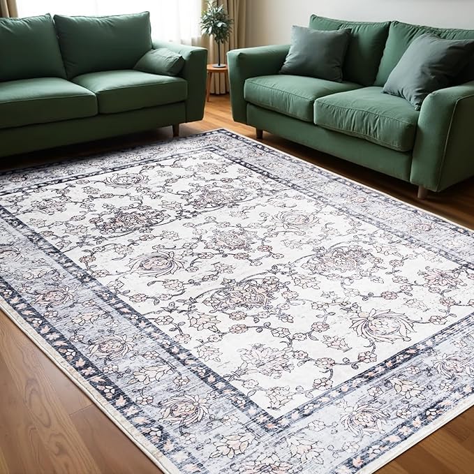 Area Rug for Living Room, 6x9 Machine Washable Non Slip Large Faux Wool Throw Rug, 0.3″ Low Pile & Non-Shedding Boho Large Carpet Rugs for for Dining Room, Bedroom, Office (Gray Purple)