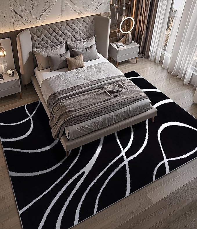YIHOUSE Black Modern Area Rugs 8x10,Large Black and White Washable Rug for Living Room,Thin Abstract Geometric Rug,Minimalist Striped Rugs 8x10 for Bedroom,Office