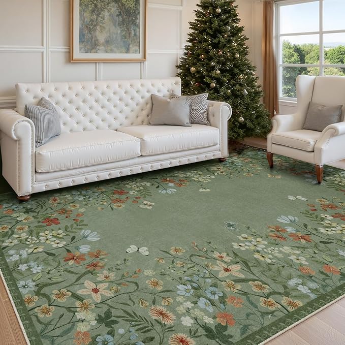 Wonnitar Washable 8x10 Living Room Area Rug, Large Green Floral Rugs for Bedroom, Non-Slip Soft Botanical Area Rug Throw Carpet for Dining Guest Room Playroom (Green,8'x10')