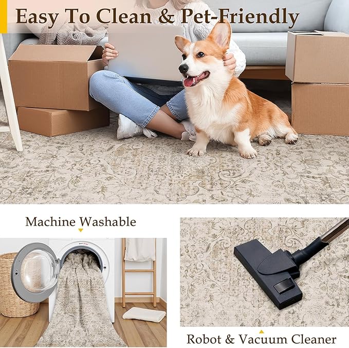 2x6 Washable Beige Runner Rug Vintage Hallway Kitchen Carpet Non-Slip Soft Low Pile Distressed Throw Rug for Bedroom Bathroom Laundry Living Room