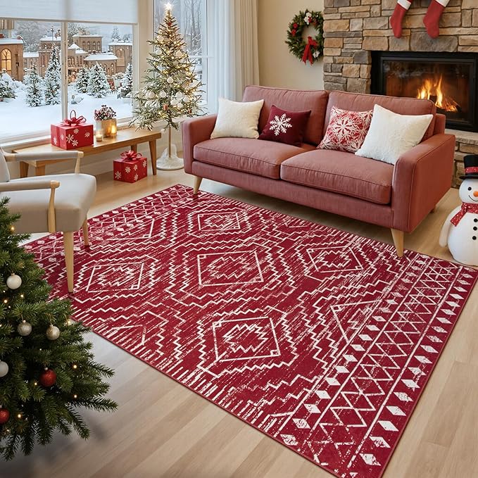Wonnitar Moroccan Washable 5x7 Rug for Living Room, Soft Chrisrmas Rug for Bedroom, Non-Slip Stain Resistant Geometric Floor Carpet for Dining Table Kitchen Dorm (Red,5'x7')