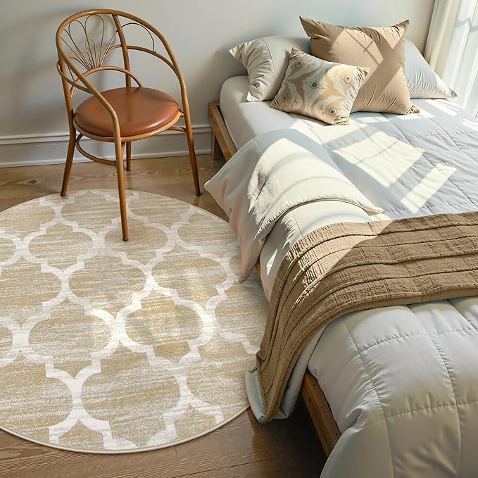 Lahome Moroccan Round Rug - 3x3 Washable Non-Slip Small Bathroom Rug Throw Soft Kids Nursery Room Rugs, Modern Print Distressed Round Carpet for Bedroom Sofa (Taupe, 3Ft-Round)