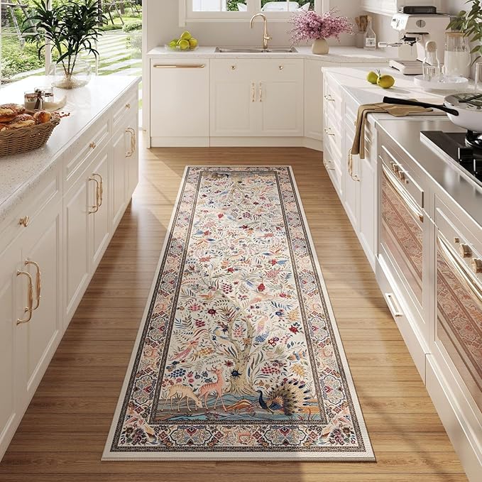 Rugcomf Runner Rug 2x6 Vibrant Tree of Life-Patterned Vintage Kitchen Rugs Non Slip Washable Soft Carpet Runner for Laundry Bedroom Bathroom, Beige