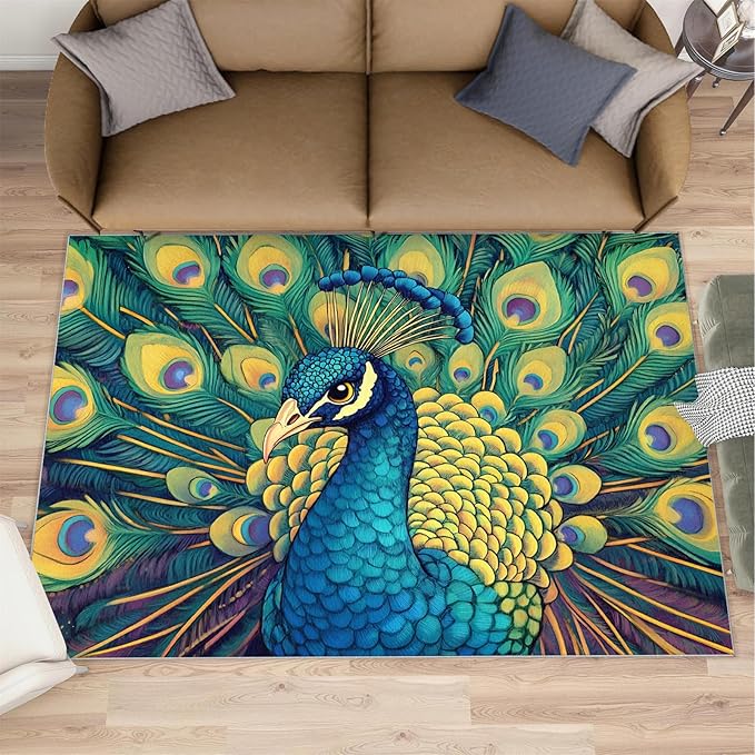 Peacock Rug 4x5-4x5 Rug, Wonderful Peacock Area Rugs for Bedroom, Teal Turquoise Rugs for Living Room, Modern Style Washable Mat, Malachite Green Feather Carpet - Peafowl Home Decor & Gifts