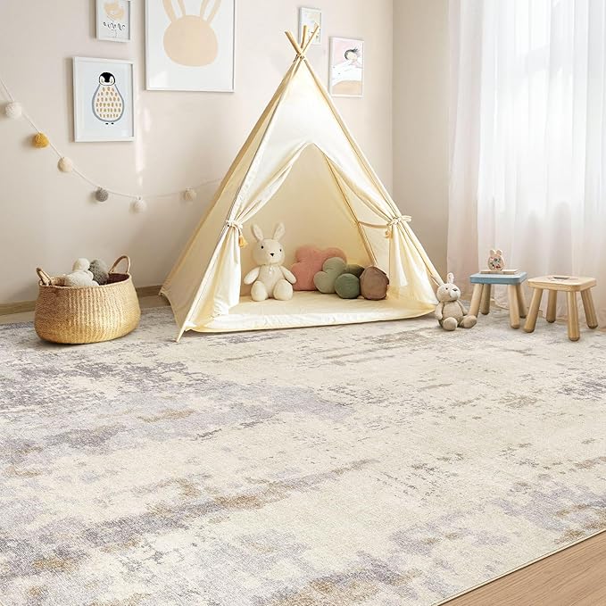 6x9 Area Rug Living Room Rugs - Washable Neutral Modern Abstract Soft Thin Rug Indoor Floor No Slip Rug Carpet for Bedroom Under Dining Table Home Office Decor - Light Brown/Gray