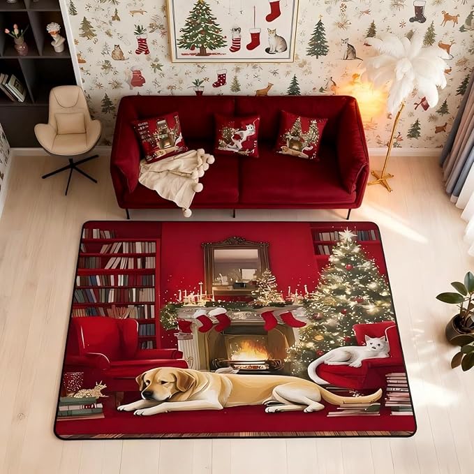 Merry Christmas Area Rug 3x5 Puppy Christmas Tree Rugs for Living Room | Little Cat Pup Dog Washable Rug, Cute Pet Animal Golden Retrievers Carpet Indoor Floor Mat