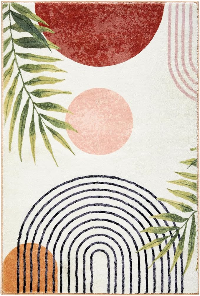 RoomTalks Mid Century Modern Washable Rug, Boho Cute Aesthetic 4x6 Area Rugs for Bedroom Dining Living Room Kitchen, Abstract Tropical Leaves Non Slip Thin Indoor Entryway Rug Accent Floor Carpet
