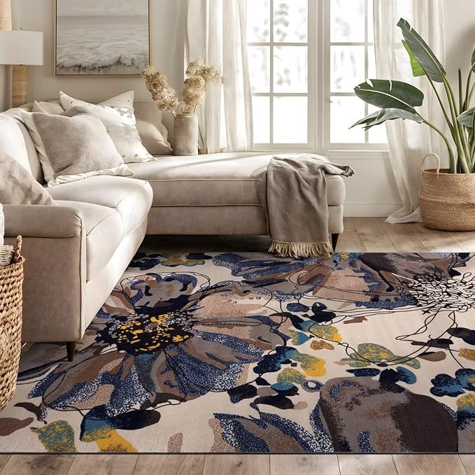 Rugshop Cream Bright Flowers Non Slip Non-Shedding Area Rug for Living Room, Dining Room and Bedroom, 5'3" x 7'3"