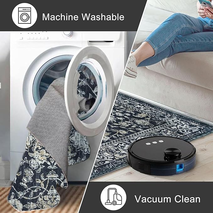 KILOCOCO Hallway Runner 3x8 Rug Runner Printed Vintage Floral Washable Kitchen Runners Non-slip Rubber Backed Runners for Hallways Laundry Room Distressed Boho Rugs for Entryway Bedroom, Navy/Charcoal