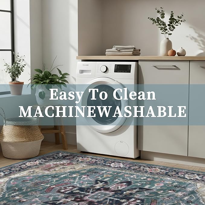Enkor Area Soft Rugs 2x3 Washable Non Slip Boho Small Floor Entryway Rugs for Living Room Bedroom, Vintage Style Farmhouse Mat for Kitchen Purple & Green