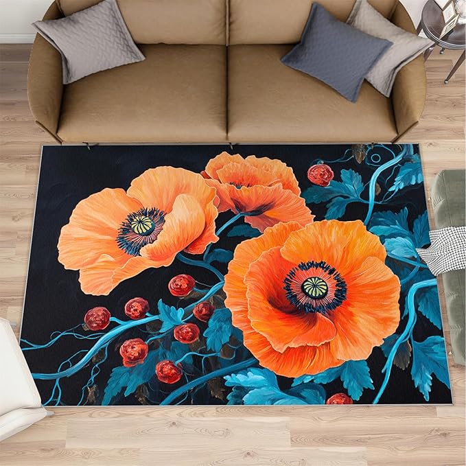 3x4 Poppy Rugs for Entryway - Retro Flowers Art Kids Bedroom Rug, Rustic Florals Art Mudroom Rug Soft for Coffee Shop Living Room Under Table Game Room