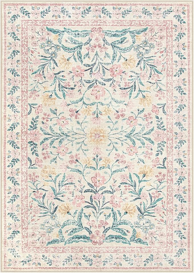 Lahome Pink Boho Rugs for Living Room 5x7, Washable Area Rugs for Bedroom Girls Decor Non Slip, Soft Floral Low-Pile Nursery Carpet for Kids Dining Room Indoor, Pink/Multi