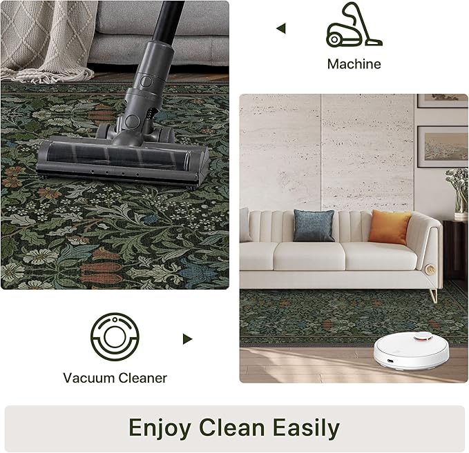 Bavni Boho Floral Kitchen Runner Rug 2x6, Washable Non Slip Thin Carpet for Hallway Bathroom Laundry Room, Ultra Soft Botanical Runner for Entryway, Modern Indoor Floor Decor, Dark Green