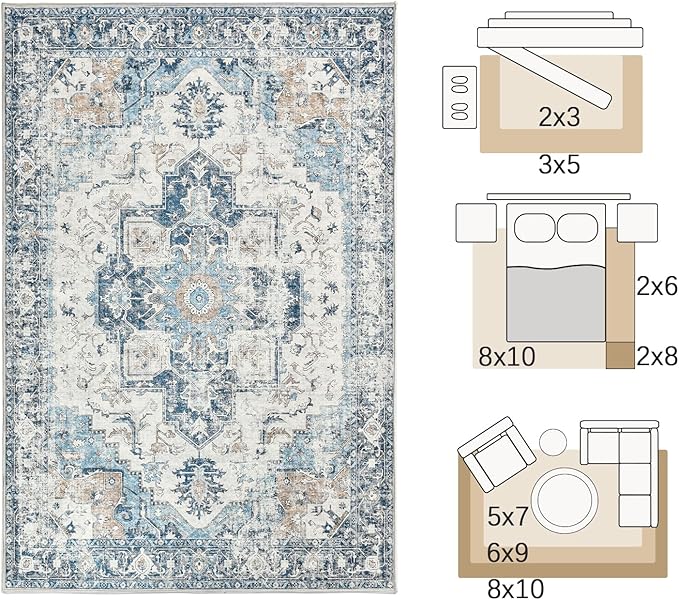 jinchan Area Rug 6x9 Washable Living Room Rug Vintage Indoor Large Floor Cover Distressed Lightweight Non-Slip Low Pile Thin Mat Accent Stain Resistant Carpet for Bedroom Dining Room Office Blue