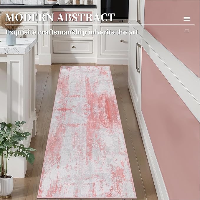 Ciicool 2x6 Washable Runner Rug, Modern Abstract Hallway Rugs Runner, Non-Slip Thin Accent Rug Lightweight Pink Gray Print Distressed Carpet for Laundry Entryway Bedroom Kitchen Indoor